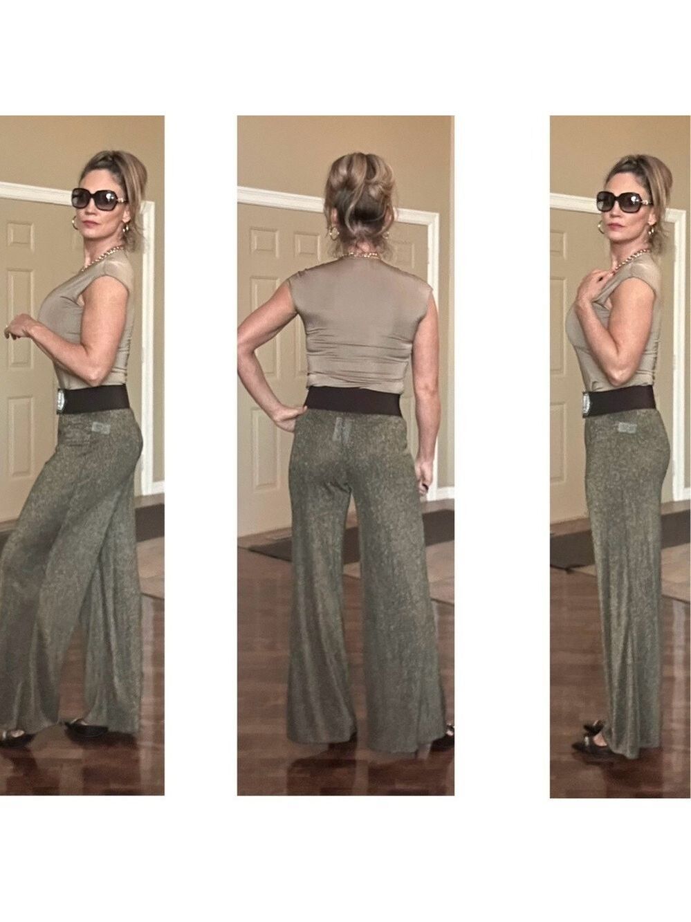Zara black gold metallic knit semi sheer high rise wide leg pants Sz S NWOT
